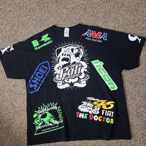 Y2K Motorsport Racing Tshirt All Over Sponser Graphics Kawasaki Shoei Skully 2XL
